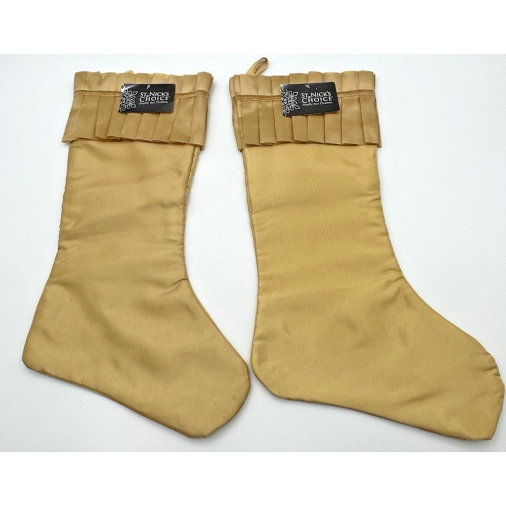 St Nick's Choice Gold Satin Christmas Stockings 17.5" Pleated Cuff NWT Set 2